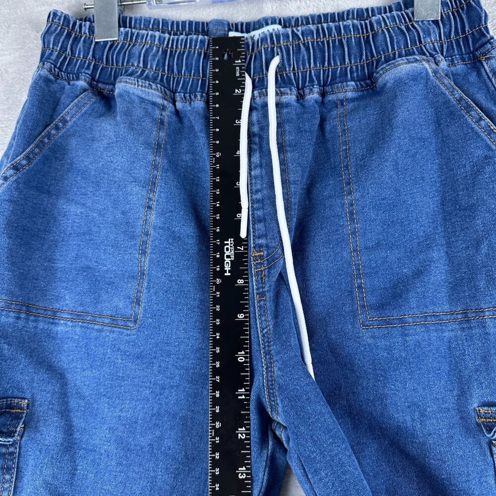 Wax Jean Denim Jogger Pants Womens Size Large Drawstring Waist High Rise Blue - Picture 8 of 12